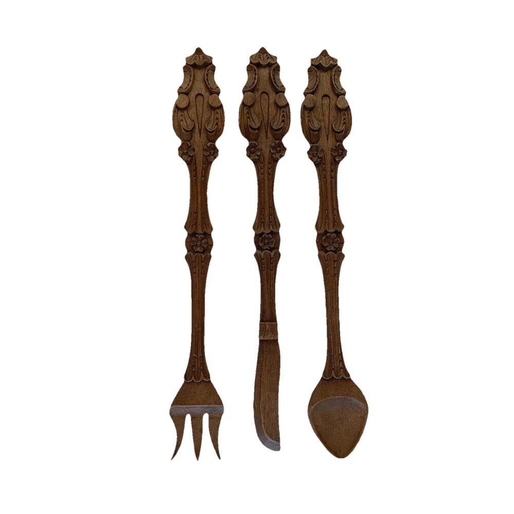 Vtg MCM Large Wooden Carved Fork Spoon Knife Set 23-1/2” Kitchen Wall Art Ornate